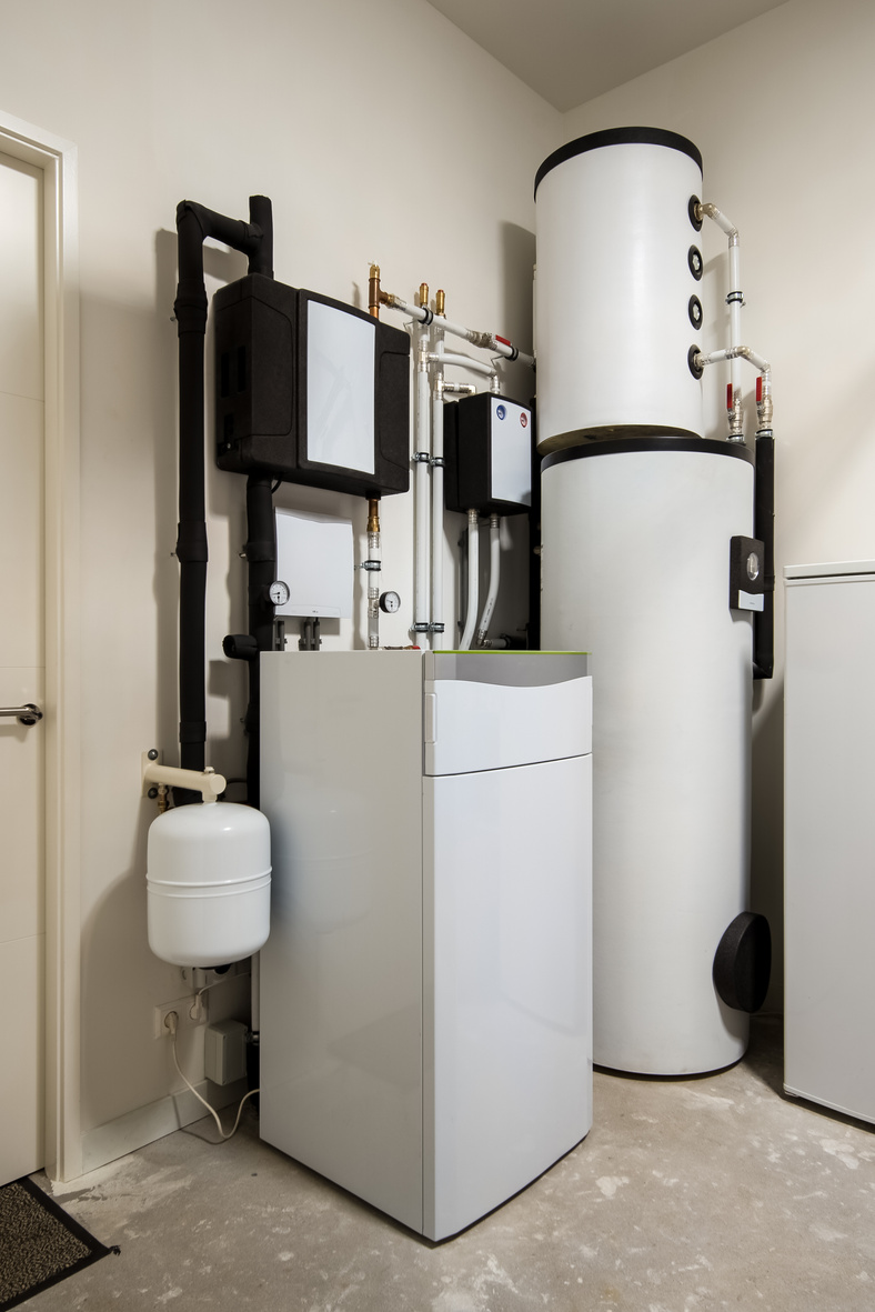 Modern sustainable heat pump installation for heating water and houses